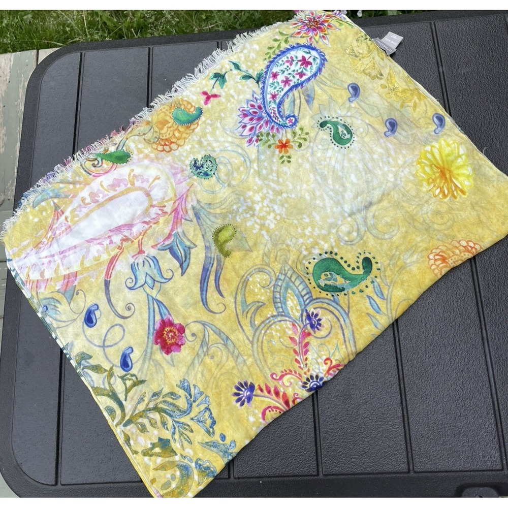 Chico's Floral Paisley Square Scarf Sheer Raw Hem Yellow Multi-Color Lightweight